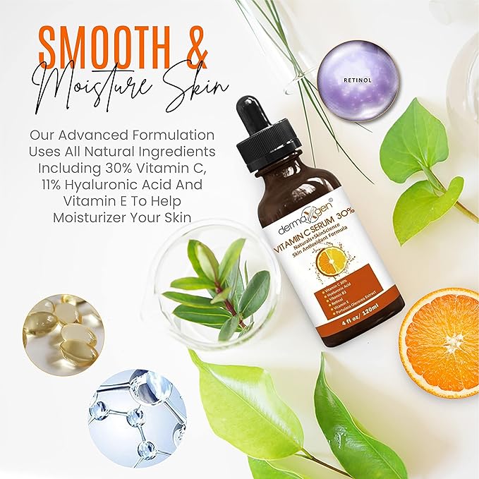 Vitamin C Serum with Pure Retinol, Hyaluronic Acid, & Organic Anti-Aging Formula - 4 Fl Oz