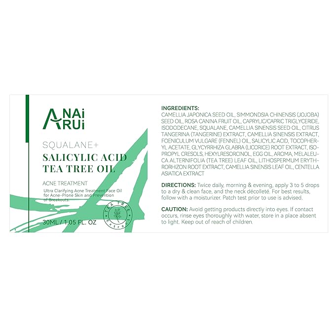 ANAI RUI Acne Face Oil,Tea Tree Oil with Salicylic Acid,Acne Prone Skin Oil,Soothe Acne,Redness Relief, Tea Tree Oil for Face,Back, Clarifying & Purifying 1Fl.OZ