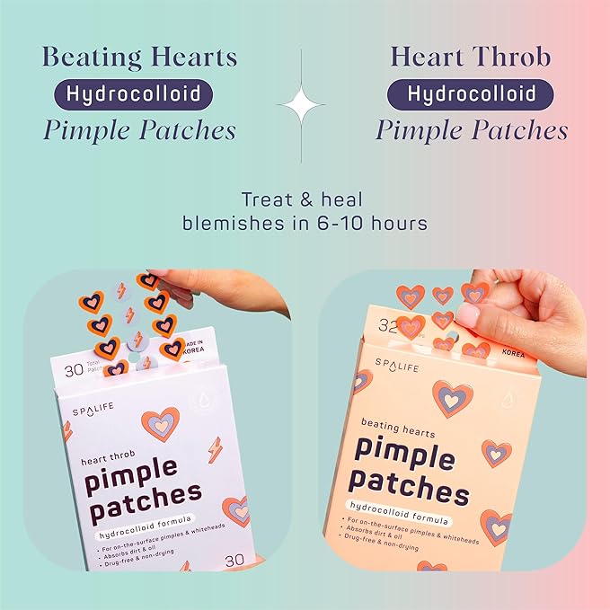 SpaLife Hydrocolloid Heart Pimple Patch Duo – Overnight Acne Patches for Blemishes, Redness & Oil Control – 62 Assorted Spot Patches for All Skin Types