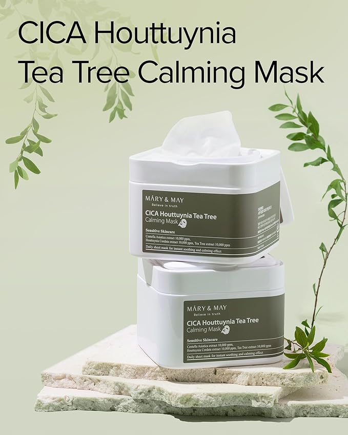 Mary&May CICA Houttuynia Tea Tree Calming Mask - Daily Pull Out Sheet Mask for Instant Soothing & Moisturizing - Korean Skincare, Hypoallergenic and Cruelty-Free, 30 Sheets