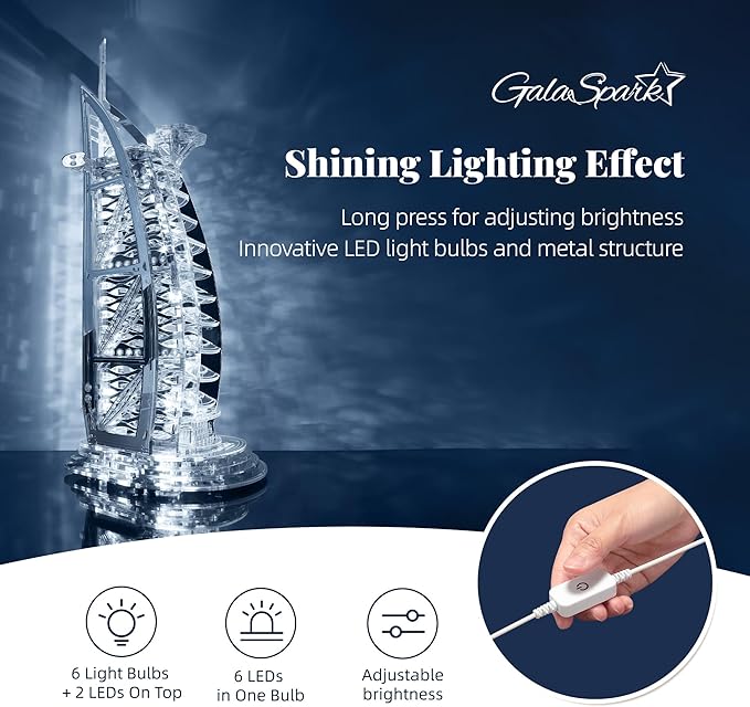 3D Puzzle Burj Al Arab Building Model Kit, DIY Dubai Landmark Building Model with LED Light, Home Decor Festival Gift for Adults & Children 100PCS (Silver)