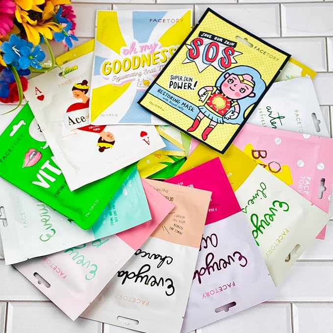 FACETORY Collection Facial Mask Set - Hydrating, Purifying, Soothing, Moisturizing, and Revitalizing - Soft, Form-Fitting Face Masks, For All Skin Types - No Sulfates No Parabens (15 pc)