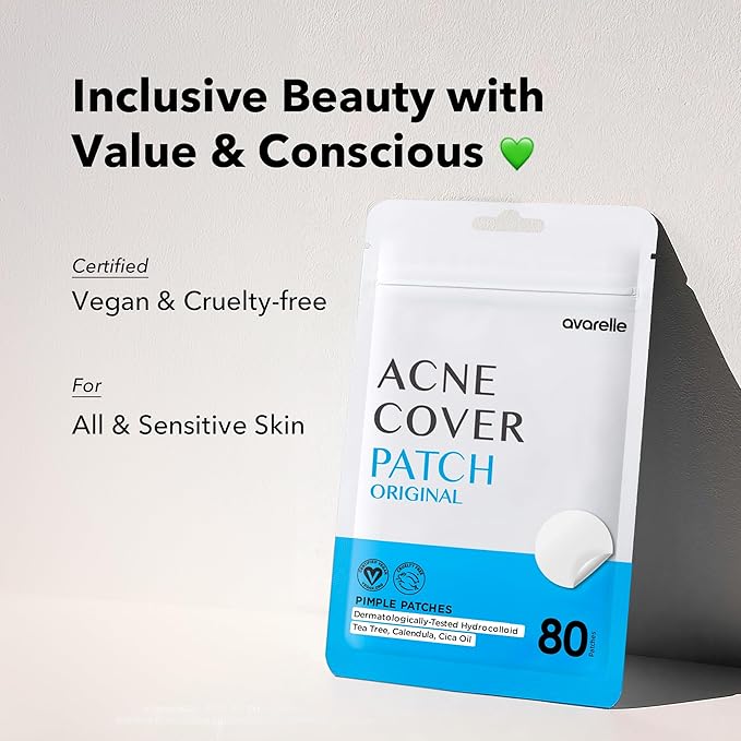 AVARELLE Pimple Patches for Face | Hydrocolloid Acne Patches for Covering Blemishes | Zit Patches with Tea Tree, Calendula, & Cica | HSA Store Eligible Items (10-14 mm, 80 Count)