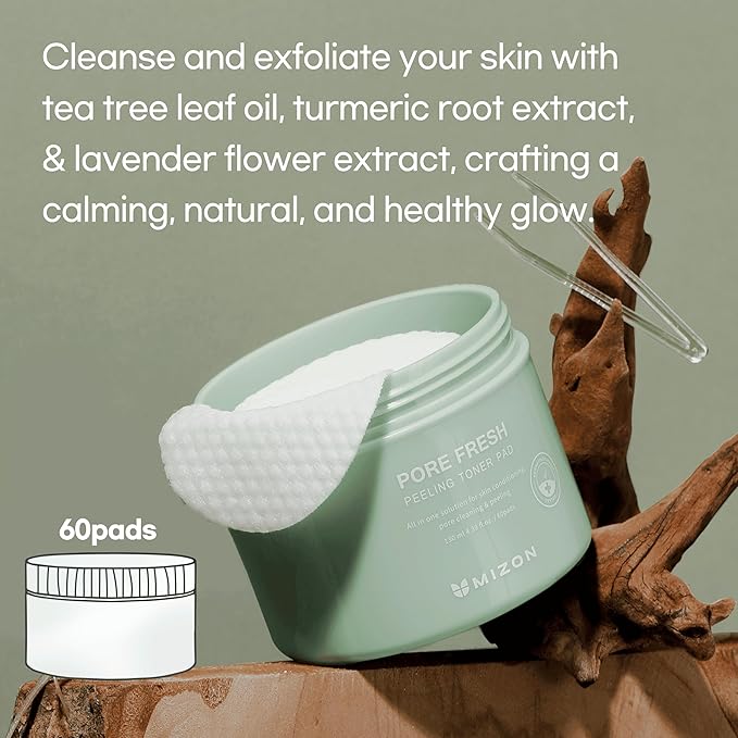 MIZON Pore Fresh Peeling Toner Pads AHA BHA PHA with Tea Tree & Turmeric Extracts, Gentle Exfoliation & Deep Cleansing, Korean Peeling Pads Cotton Soothing Exfoliating Pore Tightening (60 PCS)