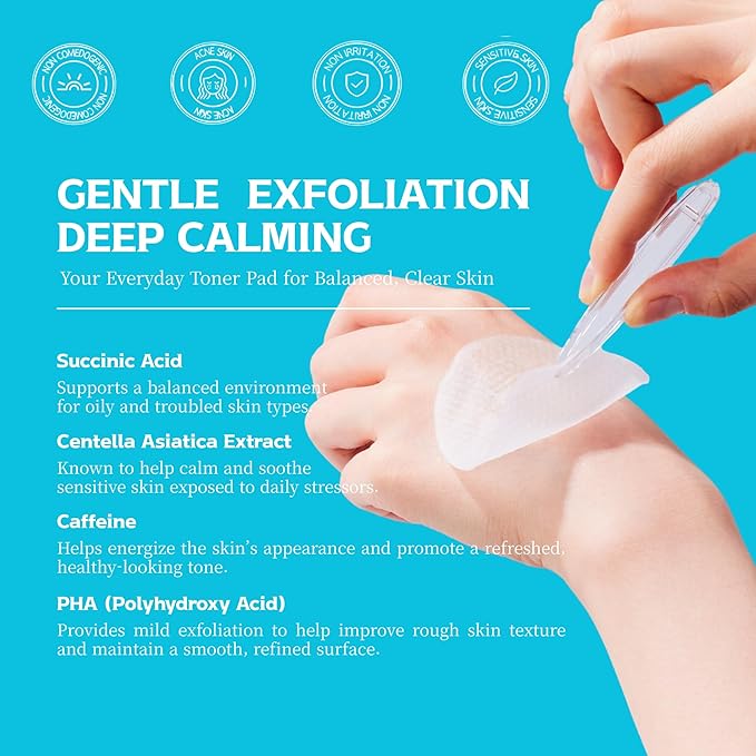 Re.SPN PHA Succinic Acid Calming Toner Pads – Daily Exfoliating, Hydrating and Soothing with CICA, Caffeine, Non-comedogenic, Vegan, Glass Skin, K-Beauty (70 Count)