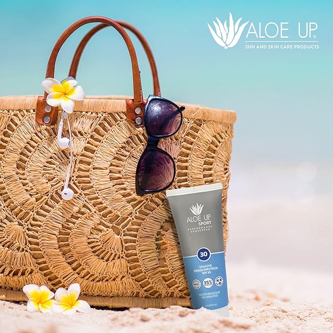 Aloe Up Sport Sunscreen Lotion SPF 30 - Broad Spectrum UVA/UVB Sunscreen Protector for Face and Body - With Hydrating Aloe Vera Gel - Non-Greasy No White Cast Reef Safe Fragrance-Free - 6 Oz.
