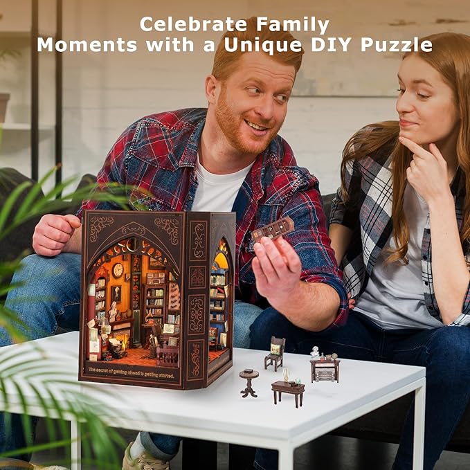 Book Nook Kit for Adults and Teens – DIY 3D Wooden Dollhouse Puzzle with LED Light, Mark Twain’s Library Miniature House Bookshelf Insert Decor