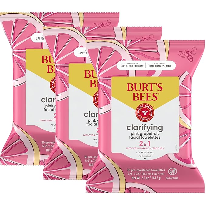 Burt's Bees Back To School Dorm Essentials, Pink Grapefruit Face Wipes, for All Skin Types, Hydrating Makeup Remover & Facial Cleansing Towelettes, 30 Ct. (3-Pack)