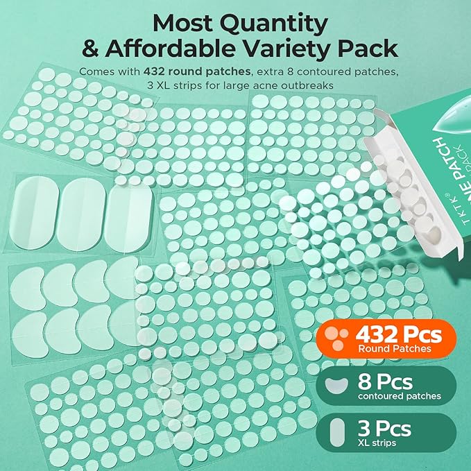 TKTK 443 Count Pimple Patches for Face, Hydrocolloid Acne Patch Bulk, Acne Stickers for Covering Cheeks, Forehead, Chin Blemishes Zit Breakouts for All Skin Types (Dots, Strip, Contoured 5 Sizes)