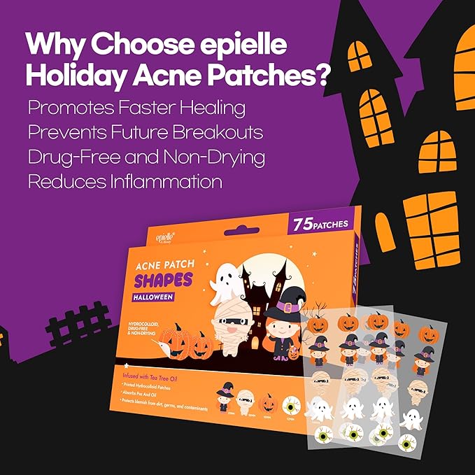 Epielle Acne Patch Shapes Edition, Acne Patches with Hydrocolloid Dressing, Fun for Parties, Sleepovers, Girls' Nights, Halloween Parties, Girls' Gift (Halloween Patch, 75ct)