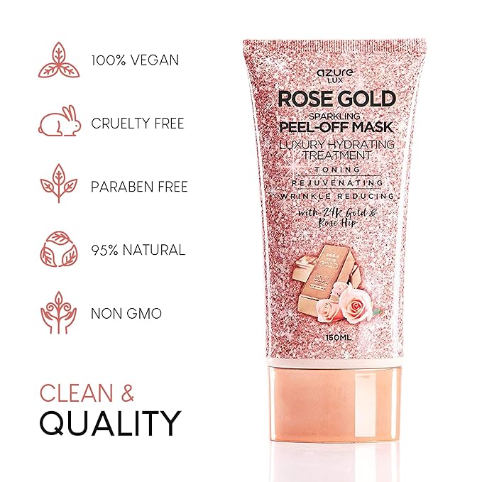 Azure Cosmetics Rose Gold Sparkling Peel-Off Face Mask โ Luxury Hydrating & Firming Skincare with 24K Gold & Rose Hip Oil โ Helps Reduce Fine Lines, Tone Skin & Improve Texture โ 150 ml