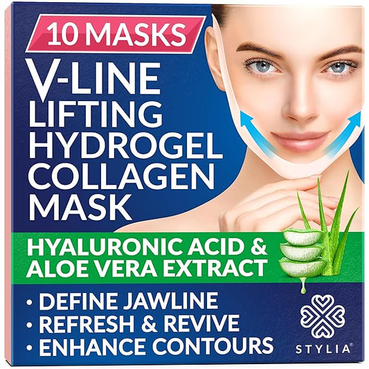 STYLIA V Line Lifting Collagen Face Mask - Double Chin Strap for Women - Jawline Shaper Face Lift Tape - Neck Lift Collagen Mask - Chin Strap for Sleeping - Hyaluronic Acid, Aloe Vera, Cica 10PC