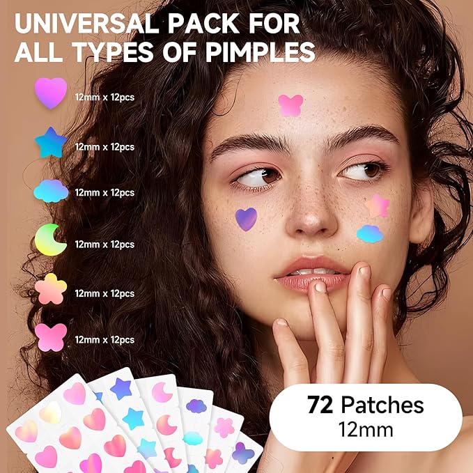 Cute Star Acne Patch with Salicylic Acid, Mix Shapes Hydrocolloid Pimple Stickers Iridescent Colors 72 Pcs, Fashion Zits Blemishes Breakouts Patches