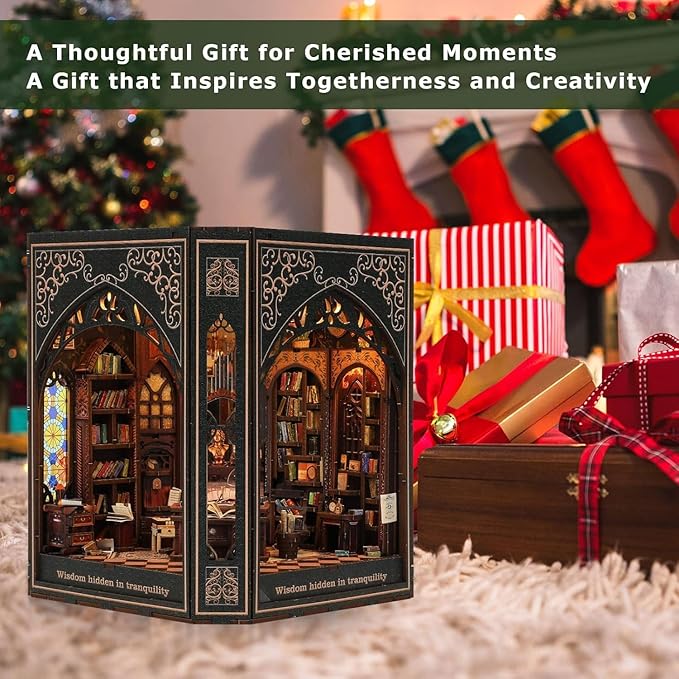 Book Nook Kit with Nightlight – Type-C and Battery Powered DIY Bookshelf Decor, Perfect for Home and Office Gift(Classical Library)