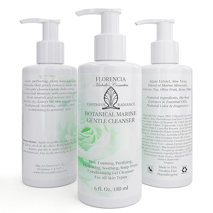 Florencia Botanical Marine Gentle Cleanser - Non-Foaming, Soap-Free, Hydrating Oil-Free Face Wash for Dry to Normal Skin - With Marine Algae & Organic Botanicals - Sensitive Skin, 6 oz