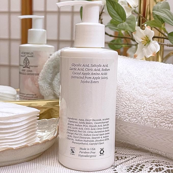 Florencia AHA BHA Refining Cleanser - Gentle Daily Exfoliating Face Wash with Glycolic, Salicylic, Lactic Acid, and Jojoba Beads - Pore Perfecting Facial Cleanser, 6 oz