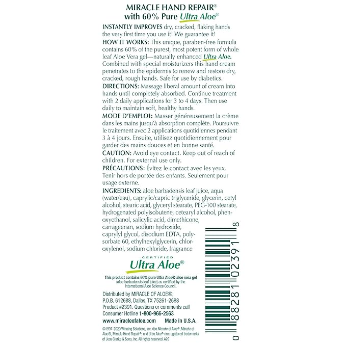 Miracle of Aloe Miracle Hand Repair Cream 1 oz Healing Aloe Vera Lotion for Dry, Cracked Hands with 60% Ultra Aloe Gel - Moisturizes, Softens, and Repairs - Non-Greasy (12-Pack)
