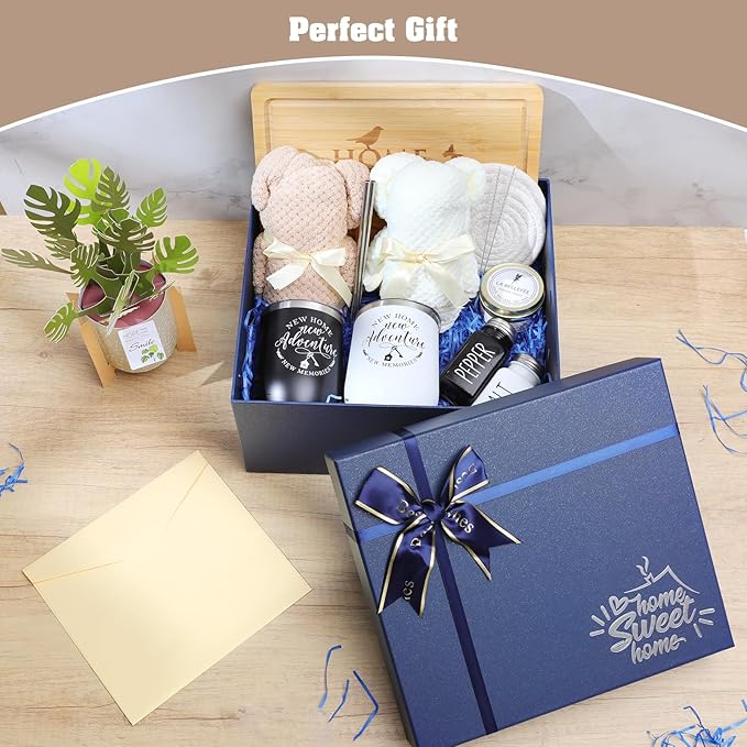 House Warming Gifts New Home, 12 Pcs Housewarming Gifts Basket for New House with Gift Box Packaging, 3D Botanical Greeting Card, Cutting Board for Couple, Closing Gifts for Home Buyers