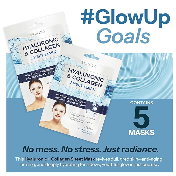 Hyaluronic Acid & Collagen Sheet Mask - Hydrating, Anti-Aging, Firming - Dermatologist Tested Korean Skincare - Clean Beauty, Natural Ingredients, Cruelty-Free, All Skin Types - 5 Masks