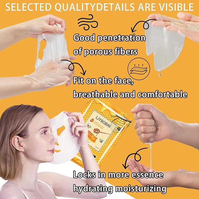 8 Pack Honey Sheets Face Mask Skincare Set,Moisturizing Facial Masks for Men & Women,Hydrating Long Lasting Soft Face Masks Skin Care for All Skin Types