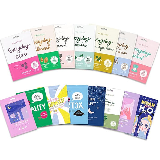 FACETORY Collection Facial Mask Set - Hydrating, Purifying, Soothing, Moisturizing, and Revitalizing - Soft, Form-Fitting Face Masks, For All Skin Types - No Sulfates No Parabens (15 pc)