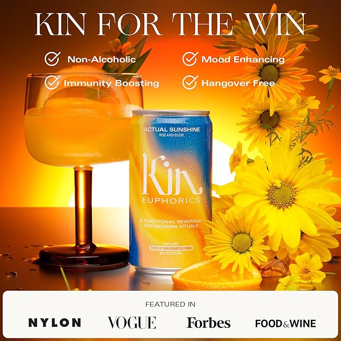 Kin Euphorics Actual Sunshine Non-Alcoholic Functional Beverage | Rise and Glow from Within | Immunity + Beauty Booster | Adaptogens, Nootropics | 8 FL Oz, 12PK