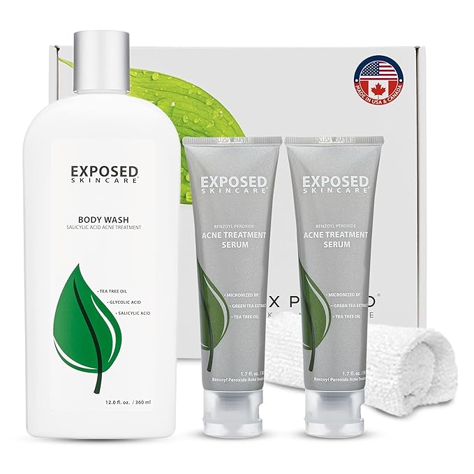 Exposed Skin Care Body Acne Kit – Dual Acne Treatment Serums + Body Wash and Exfoliating Body Cloth – Powerful System Eliminates Pimples and Breakouts to Quickly Clear Back and Body Acne