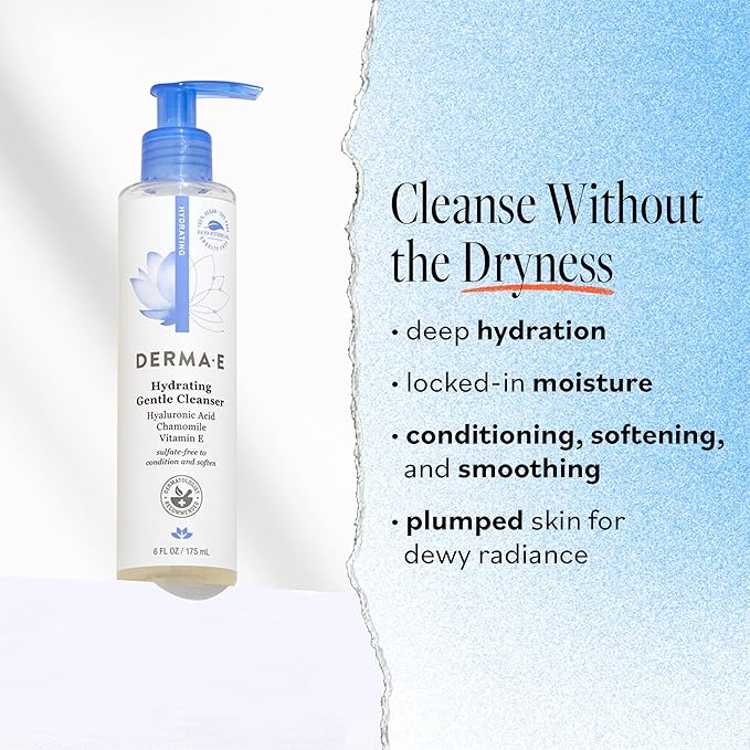 Derma E Hydrating Gentle Cleanser with Hyaluronic Acid – Moisturizing Facial Cleanser Tones, Moisturizes & Improves Skin Texture – Gently Exfoliating Face Wash, 6 fl oz