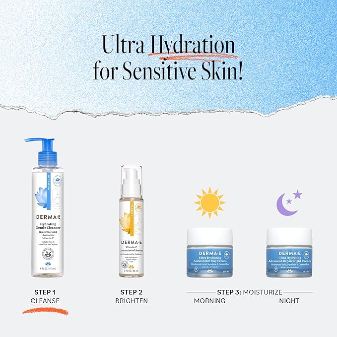 Derma E Hydrating Gentle Cleanser with Hyaluronic Acid – Moisturizing Facial Cleanser Tones, Moisturizes & Improves Skin Texture – Gently Exfoliating Face Wash, 6 fl oz