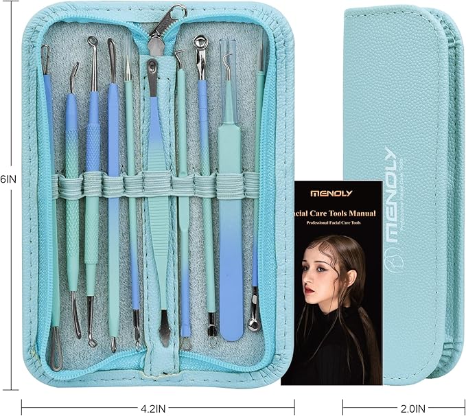 Blackhead Remover Tools MENOLY 10Pcs Pimple Popper Tool Kit, Blackhead Remover Extractor Tools, Acne Kit for Blackhead,Blemish,Zit Whitehead and Comedone Extractor Tool with Leather Bag