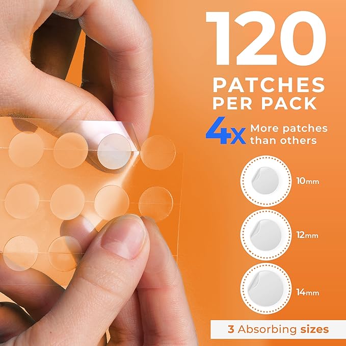 Acne Patches (120 Count) with Tea Tree Oil, Hydrocolloid Pimple Patches for Face - Zit Patch Acne Dots - Cystic Acne Patches Treatment - Pimple Patch with 3 Size Acne Stickers
