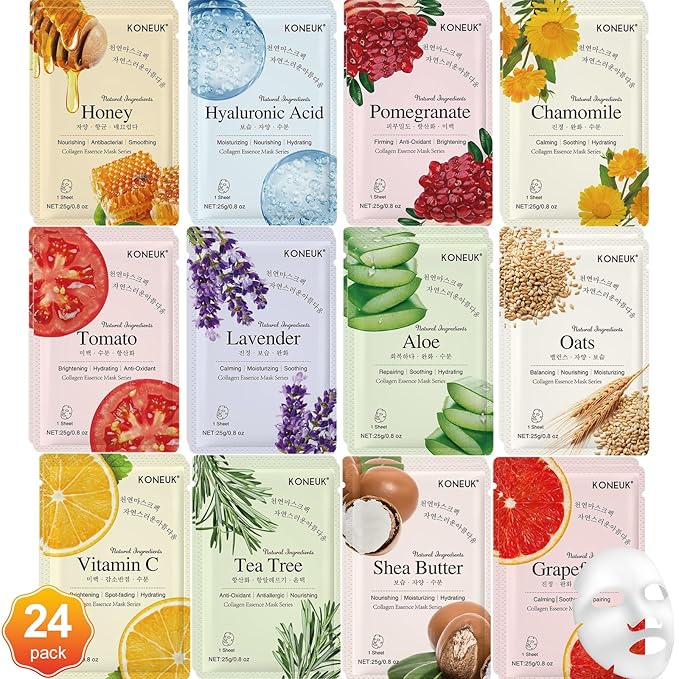 24 Pack Sheet Face Masks Skincare for Women, Hydrating Collagen Essence Face Masks Suitable for All Skin Types, Face Mask Gifts Set for Spa Party, Bulk Facial Masks for Women Skin Care