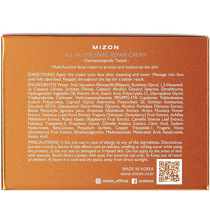 MIZON All-in-One Snail Repair Cream – Korean Face Moisturizer with Snail Mucin & 12 Natural Extracts – Hydrating & Nourishing Cream for Fine Lines, Wrinkles & Blemish Care – (2.54 fl oz)