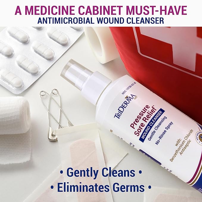 TriDerma Pressure Sore Relief Wound Cleanser, Gentle Cleansing for Bed Sores, Ulcers, Pressure Sores, Wounds and Hard-to-Heal Skin Sores with AP4 Aloe Vera and Niacinamide, Fragrance Free 8.2 oz Spray