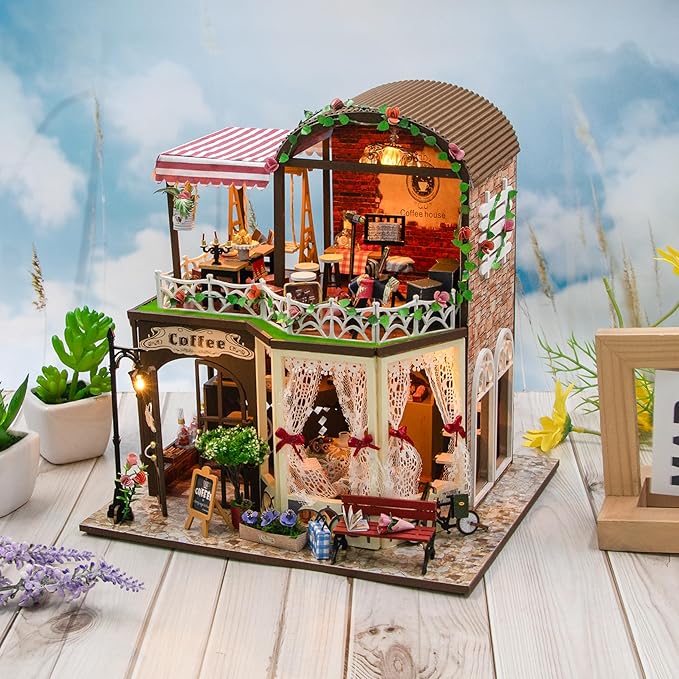 ISSEVE DIY Book Nook Kit, Miniature House Kit with LED Light for Booknook, Mini House Building Kit for Adults, Tiny Dollhouse Bookshelf Home Decor Halloween Christmas Crafts Gifts (Coffee Time)