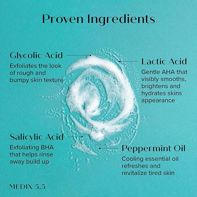 Medix 5.5 Glycolic Acid + Lactic Acid Exfoliating Body Wash Gel | KP Bump Eraser | AHA Exfoliant Skin Care Body Cleanser | Keratosis Pilaris & Acne | Anti Aging AHA Foaming Body & Face Wash, 2-Pack