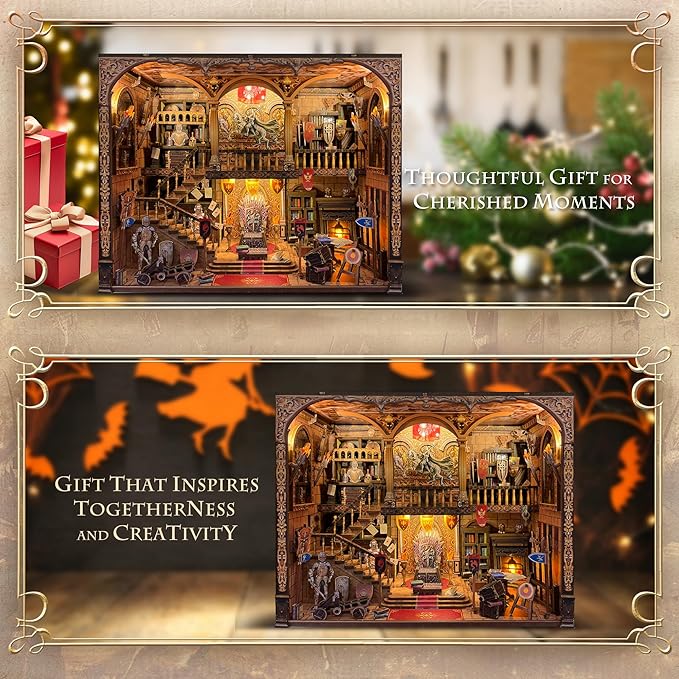 Book Nook Kit - DIY Medieval Castle Booknook for Adults & Teens, 3D Wooden Puzzle Bookshelf Insert with LED Lights, Unique Creative Craft Gift for Home Decor & Model Building