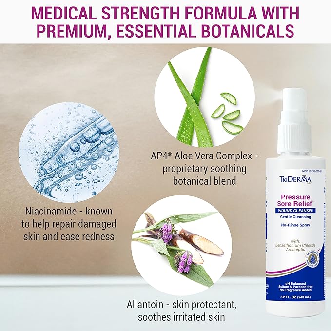 TriDerma Pressure Sore Relief Wound Cleanser, Gentle Cleansing for Bed Sores, Ulcers, Pressure Sores, Wounds and Hard-to-Heal Skin Sores with AP4 Aloe Vera and Niacinamide, Fragrance Free 8.2 oz Spray