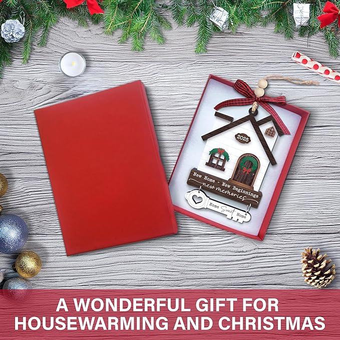 House Warming Gifts New Home Ornament 2025 - Wooden First Christmas in New House Keepsake Gift for Couple, Women, or Families - 3D Wood House & Key Design, Gift Box Included