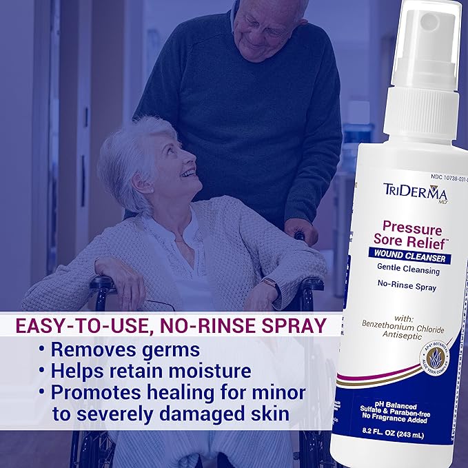 TriDerma Pressure Sore Relief Wound Cleanser, Gentle Cleansing for Bed Sores, Ulcers, Pressure Sores, Wounds and Hard-to-Heal Skin Sores with AP4 Aloe Vera and Niacinamide, Fragrance Free 8.2 oz Spray