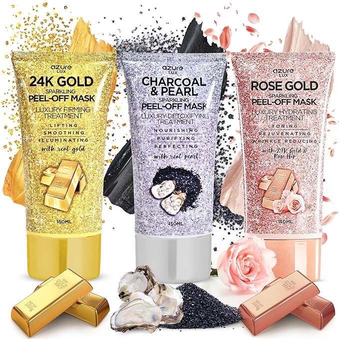 AZURE Sparkling Peel-Off Masks Bundle - Rose Gold Hydrating Peel-Off Mask - 24K Gold Firming Peel-Off Mask - Charcoal & Pearl Anti-Aging Skincare - 150 ml / 5.07 fl.oz