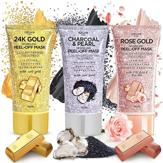 AZURE Sparkling Peel-Off Masks Bundle - Rose Gold Hydrating Peel-Off Mask - 24K Gold Firming Peel-Off Mask - Charcoal & Pearl Anti-Aging Skincare - 150 ml / 5.07 fl.oz