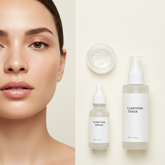 Serenity Skin Acne & Blemish Care collection with acne spot patches, scar serum, and oil-control toner displayed beside a model with clear, glowing skin.