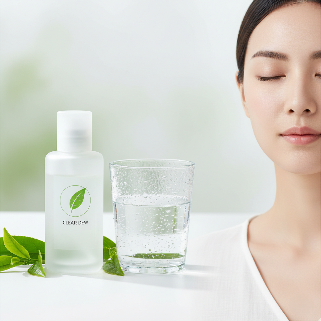 Serenity Skin Oil-Control Toner bottle displayed with green tea leaves and clear water drops beside a model with fresh, balanced skin, highlighting pore care and sebum control