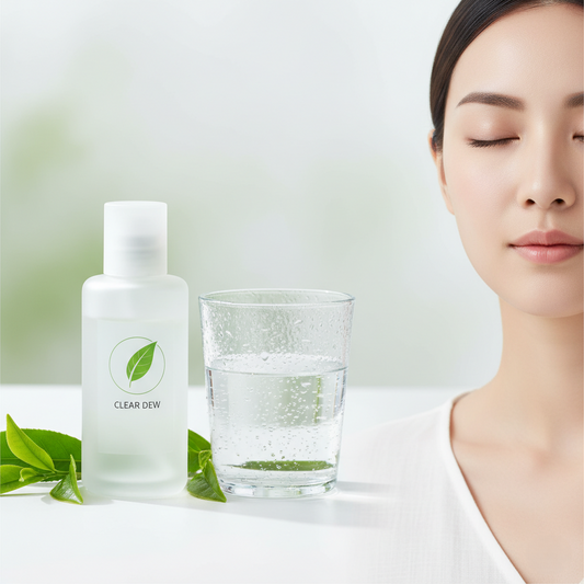 Serenity Skin Oil-Control Toner bottle displayed with green tea leaves and clear water drops beside a model with fresh, balanced skin, highlighting pore care and sebum control