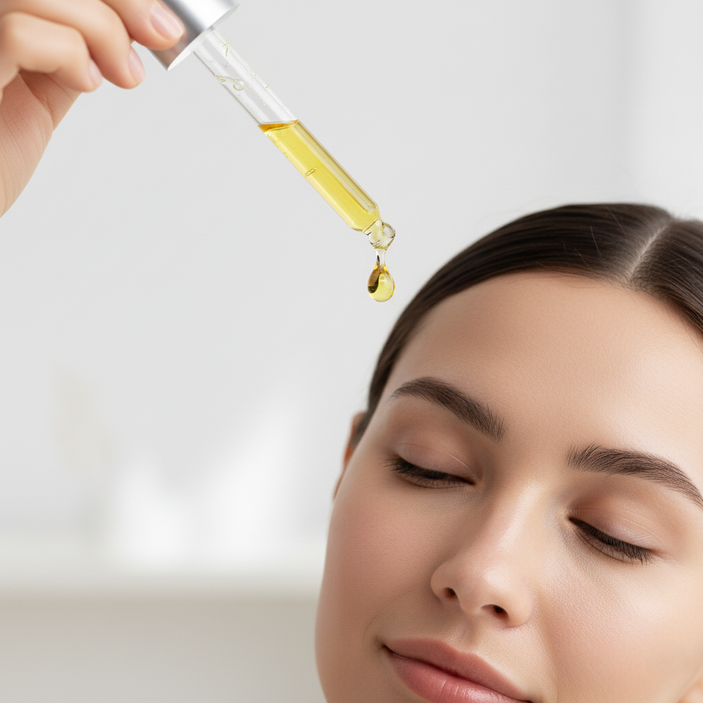 Serenity Skin Brightening Treatments with vitamin C serum dropper and model with clear glowing skin, highlighting scar fading and even skin tone
