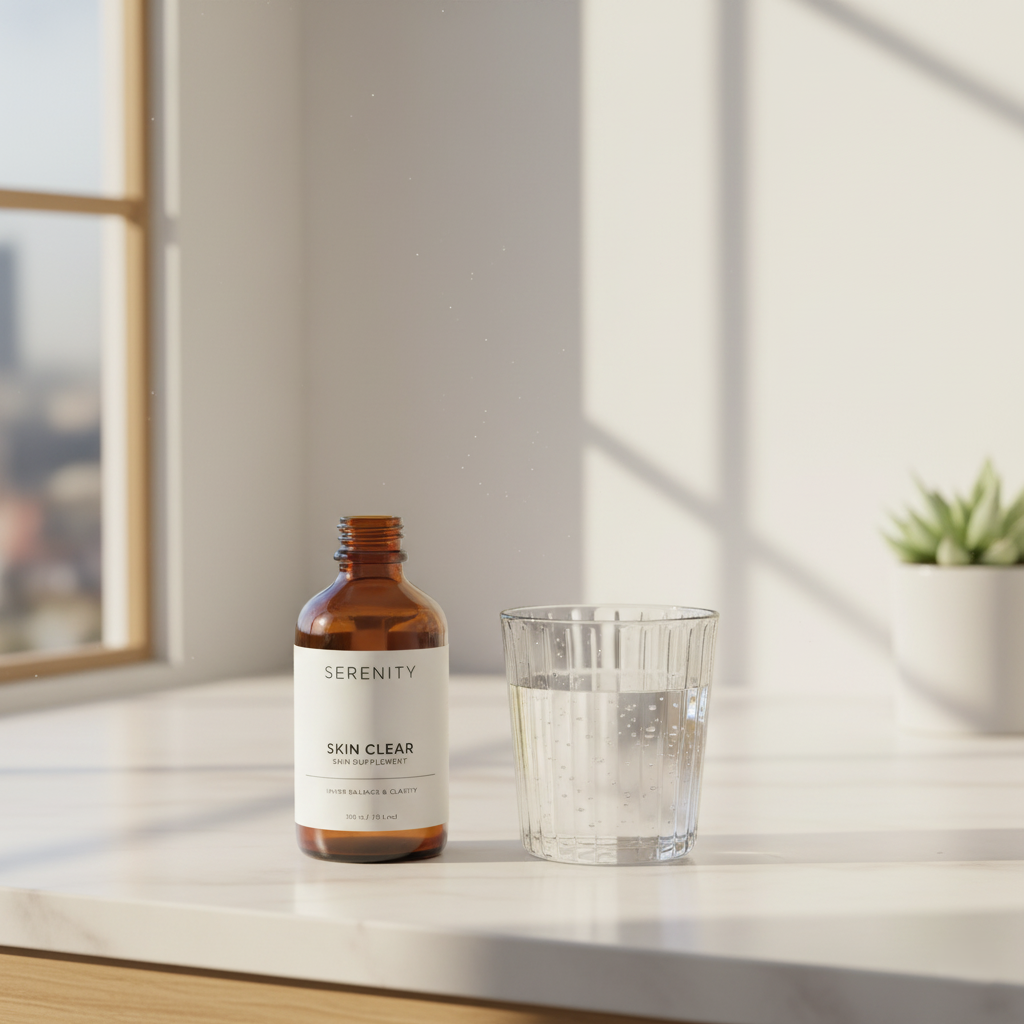 SerenitySkin Clear Skin Acne Supplement — 3-in-1 balance, clarify, and restore formula with Zinc, DIM, and Probiotics for clear, hydrated skin.