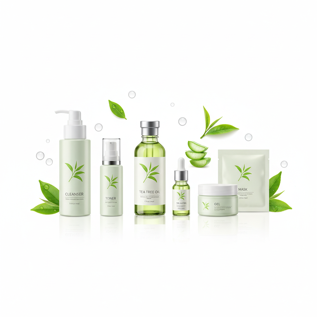 Tea Tree Essential Oil Acne Treatment Skin Care Set for Teens with cleanser, toner, serum, gel, and mask — gentle acne care by Serenity Skin