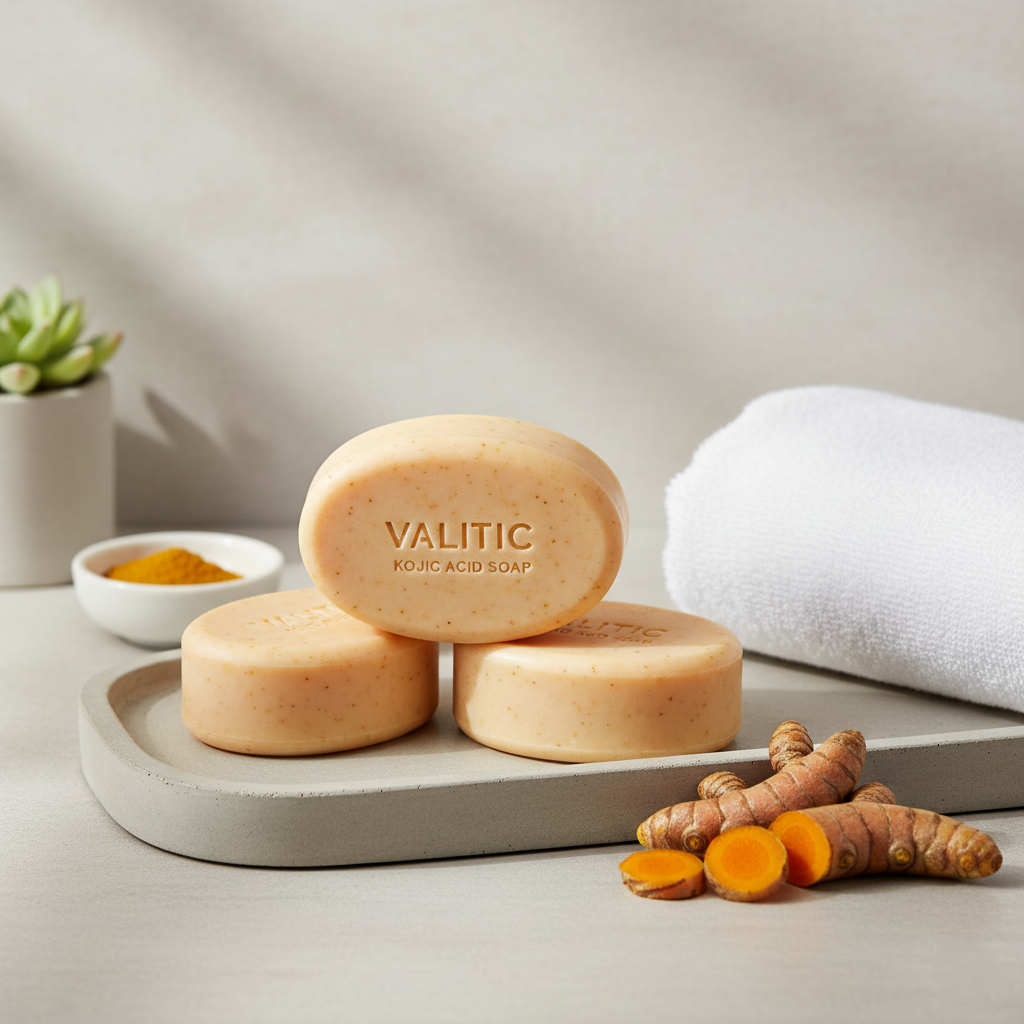 VALITIC Kojic Acid Vitamin C and Retinol Soap Bars — Japanese brightening soap with Turmeric, Collagen, and Hyaluronic Acid for smooth, radiant skin.