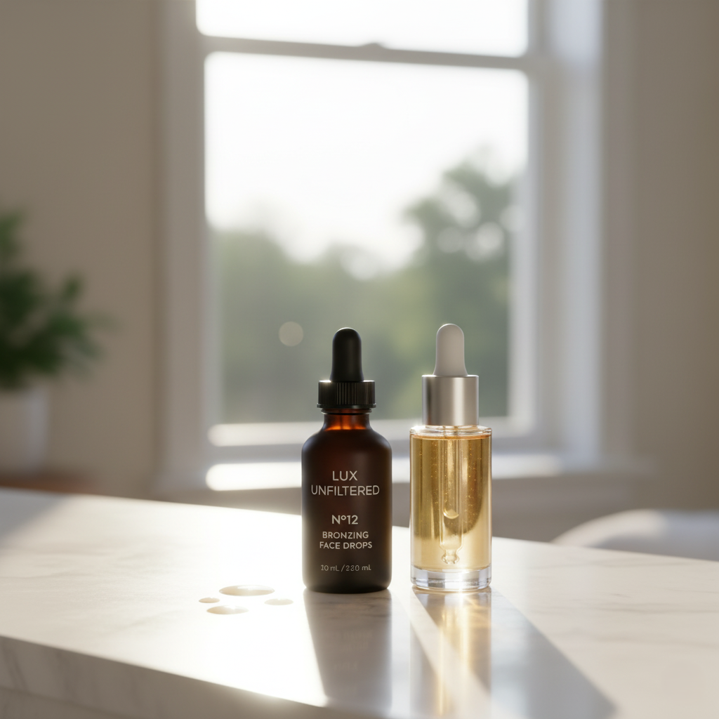 Lux Unfiltered N°12 Bronzing Face Drops — clean, vegan, fragrance-free self-tanning drops with Hyaluronic Acid and Vitamin E for hydrated, glowing skin.